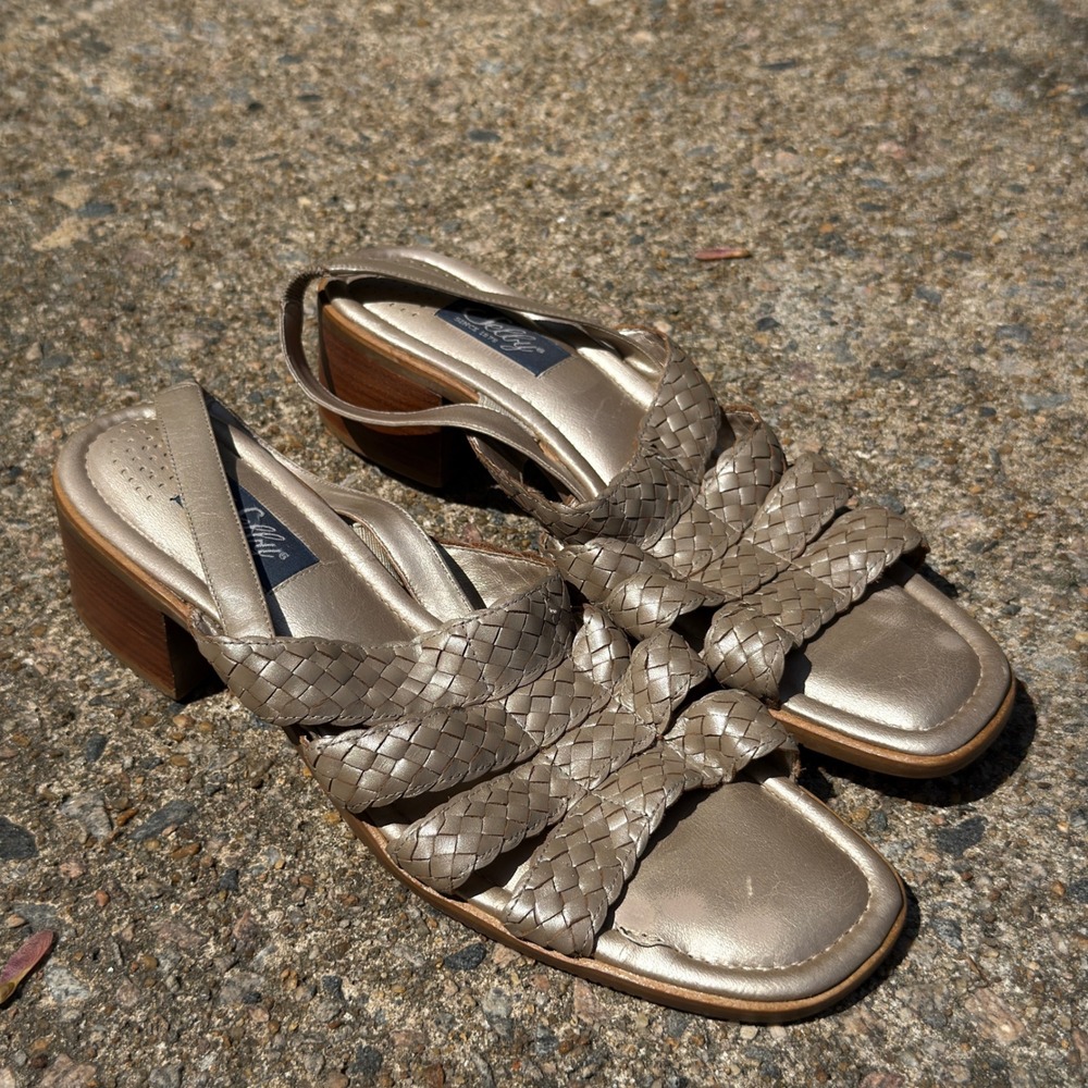 Selby Sandal Heels Active Flex Woven Metallic Gold Slingback Block Womens 12